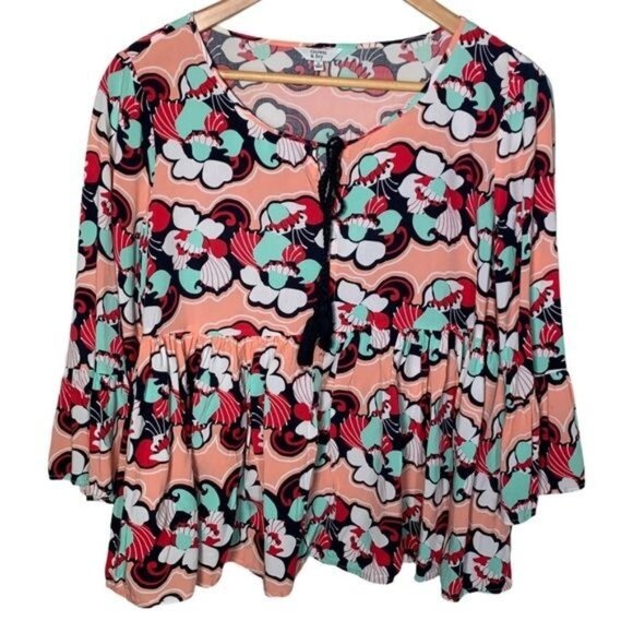 Crown and Ivy Top Womens Small Shirt Blouse Floral Peasant Boho Coral Pink Work - Picture 1 of 11